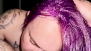 Purple-haired T4T slut goes down on trans boyfriend