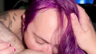 Purple-haired T4T slut goes down on trans boyfriend