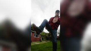 chav slut fucks his own arse through Levis outdoors