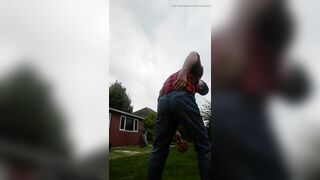 chav slut fucks his own arse through Levis outdoors