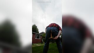 chav slut fucks his own arse through Levis outdoors