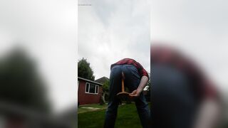 chav slut fucks his own arse through Levis outdoors