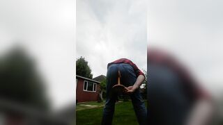 chav slut fucks his own arse through Levis outdoors