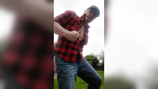 chav slut fucks his own arse through Levis outdoors