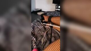 Cockteasing in Fishnet with Wandmassager, Anklecuffs, Ropebondage, Cumshot in Red Dress and Heels