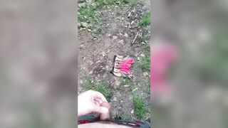 Pissing and cumming on a pair of underwear in the woods