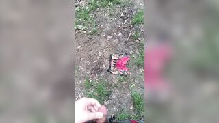 Pissing and cumming on a pair of underwear in the woods