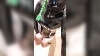 Masturbation with gas mask and black latex