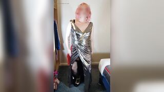 Sexy crossdresser in hot super shiny metallic evening dress