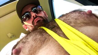 Hairy Muscle Jock Tits and Pumped Nipples in Car