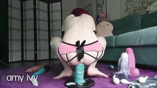 riding my massive dildo, XXXCALIBUR from hankey's toys!