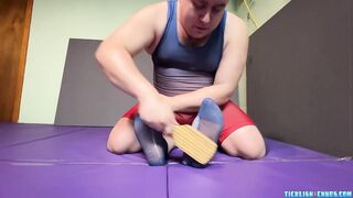 Mature man Gigglemeister wrestled and tickled by chubby bear