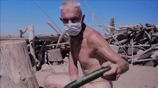 naked slave pig exposed in penis cage, banana, cucumber fuck at gay beach, BDSM CBT