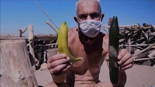 naked slave pig exposed in penis cage, banana, cucumber fuck at gay beach, BDSM CBT