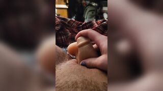 Trans guy uses stroker and dildo on his wet pussy