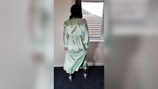 Tv crossdresser in green satin dress