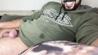 Bearded big cock jerking off and smearing himself with cum