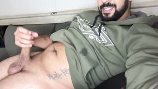 Bearded big cock jerking off and smearing himself with cum