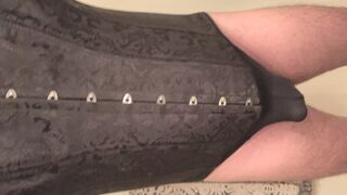 Sissy cuckold cumming in black corset and thong panties