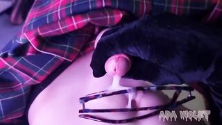 Femboy didn't cum for 15 days - balls bursted! Huge thick cumshot on sissy-glasses and play with it