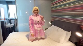 You pink pvc sissy is always ready to serve real men