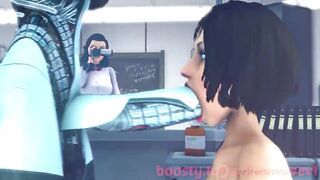 Orgy of two girls with cocks and a robot