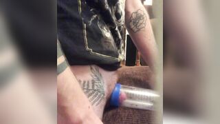 Desperate FTM fucks penis pump with huge clit / dick