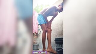 Indian boy bathing nude in public bathroom