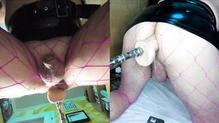 Dual View Crossdresser in shiny skirt and fishnet gets his anal pussy fucked by fucking machine, cock leaks