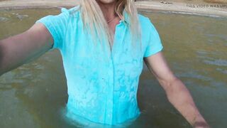Alexa Cosmic transgirl swimming in the sea first time in teal combi dress