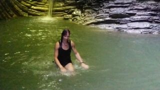 Alexa Cosmic transgirl swimming at waterfall in shirt and t-shirt... 1st waterfall