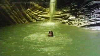 Alexa Cosmic transgirl swimming at waterfall in shirt and t-shirt... 1st waterfall