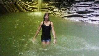 Alexa Cosmic transgirl swimming at waterfall in shirt and t-shirt... 1st waterfall