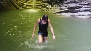 Alexa Cosmic transgirl swimming at waterfall in shirt and t-shirt... 1st waterfall