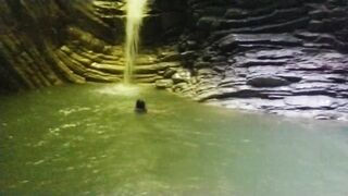 Alexa Cosmic transgirl swimming at waterfall in shirt and t-shirt... 1st waterfall