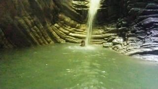 Alexa Cosmic transgirl swimming at waterfall in shirt and t-shirt... 1st waterfall