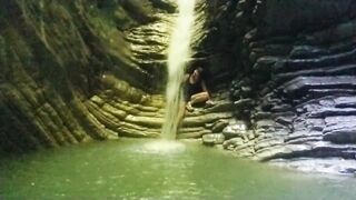 Alexa Cosmic transgirl swimming at waterfall in shirt and t-shirt... 1st waterfall