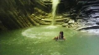 Alexa Cosmic transgirl swimming at waterfall in shirt and t-shirt... 1st waterfall