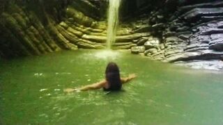 Alexa Cosmic transgirl swimming at waterfall in shirt and t-shirt... 1st waterfall