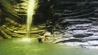 Alexa Cosmic transgirl swimming at waterfall in shirt and t-shirt... 1st waterfall