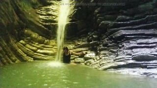 Alexa Cosmic transgirl swimming at waterfall in shirt and t-shirt... 1st waterfall