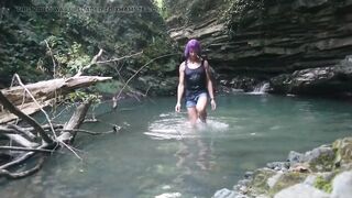 Alexa Cosmic transgirl swimming at waterfall in shirt and t-shirt...