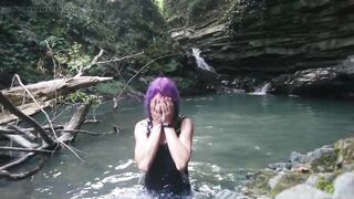 Alexa Cosmic transgirl swimming at waterfall in shirt and t-shirt...