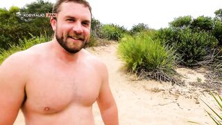 Hunky daddy Koby Falks relaxes at the beach before getting his uncut cock sucked in the dunes